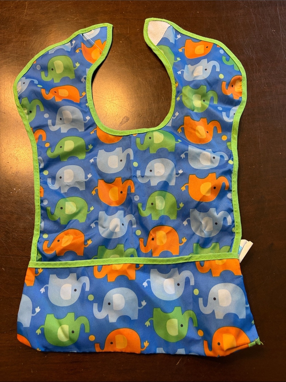 Waterproof Kids Bib with Elephant Print in Blue, Green & Orange